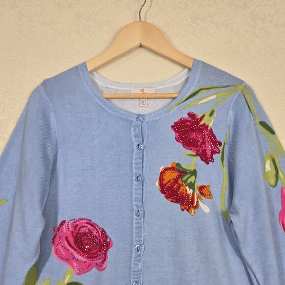 Quacker Factory Cardigan Sweater sz L Blue Multi Floral 100% Cotton Rhinestones - Picture 2 of 13